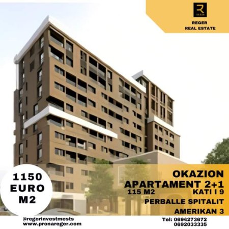 Tirane, shitet apartament 2+1 Kati 9, 115 m² 132.000 Euro (Perball Spitalit Amerikan 3)