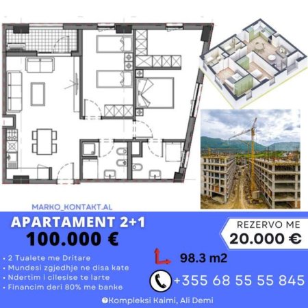 Tirane, shes apartament 2+1+BLK Kati 4, 90 m² 91.000 Euro (Ali Demi)