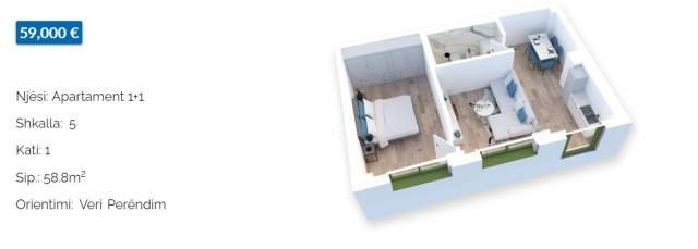 Tirane, shes apartament 1+1 Kati 1, 59 m² 59.000 Euro (Rruga Pasho Hysa)