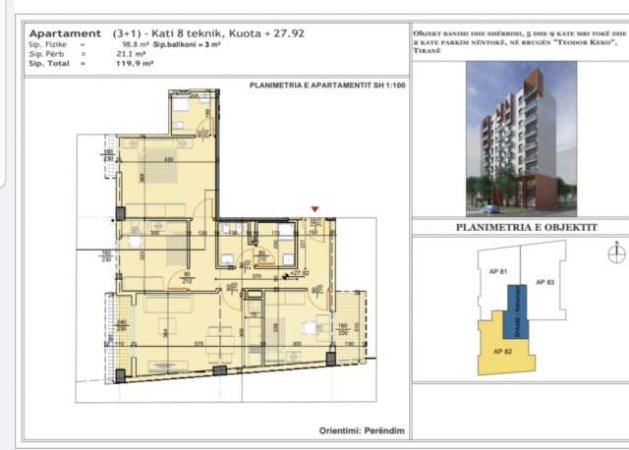Tirane, shitet apartament 3+1 Kati 8, 120 m² 1.400 Euro/m2 (Teodor Keko) prane Doganes.