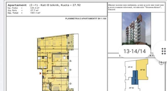Tirane, shitet apartament 3+1 Kati 8, 120 m² 1.400 Euro/m2 (Teodor Keko) prane Doganes.