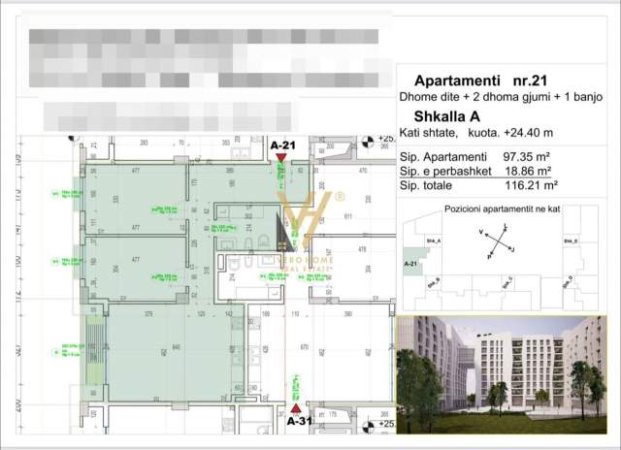 Tirane, shitet apartament 2+1 Kati 7, 116 m² 151.000 Euro (PORCELANI)