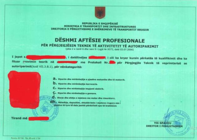 Licence per auto SERVIS MAKINASH , Drejtues teknik per veprimtarine e autoriparimit Deshmi Aftesie Profesionale DAP
