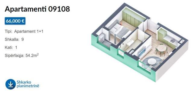 Tirane, shes apartament 1+1+BLK Kati 1, 55 m² 66.000 Euro (Rruga Pasho Hysa)