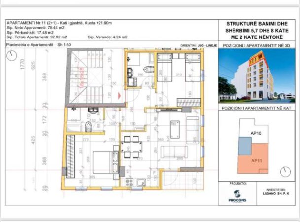 Tirane, shes apartament 2+1+BLK Kati 6, 97 m² 185.000 Euro (rruga pjeter budi)