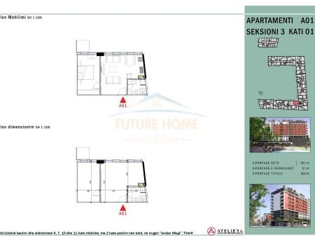 Tirane, shitet apartament 1+1+BLK Kati 1, 58 m² 88.200 Euro (Rruga Jordan Misja)