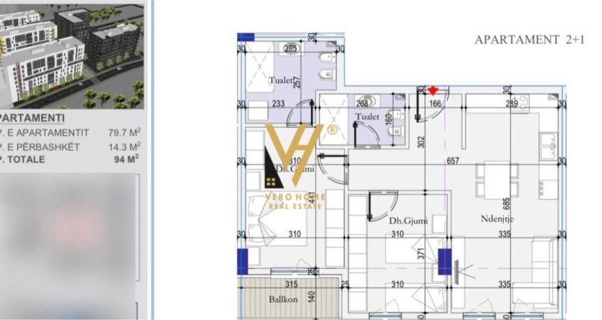 Tirane, shitet apartament 2+1+BLK Kati 6, 94 m² 103.400 Euro (ISH DOGANA)