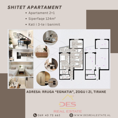 Tirane, shes apartament 2+1, Kati 3, 124 m2 (Rruga “Egnatia", Zogu I Zi, Tirane)