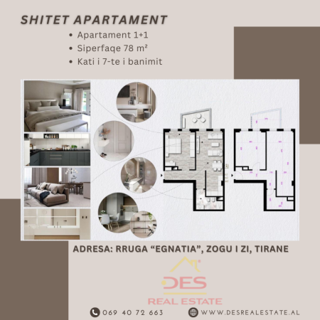 Tirane, shes apartament 1+1, Kati 7, 78 m2 (Rruga “Egnatia", Zogu I Zi, Tirane)