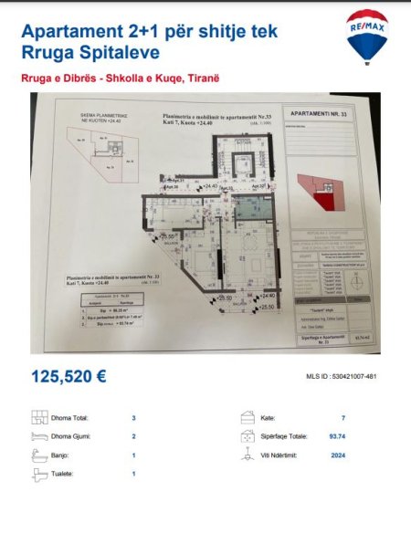 Tirane, shitet apartament 2+1+Ballkon, Kati 4, 94 m2 125,520 € (Rruga e Spitaleve)