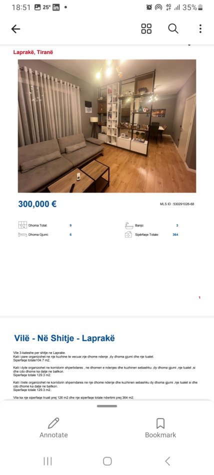 Tirane, shitet Vile 3 Katshe, Kati 3, 360 m2 300,000 € (Laprake)