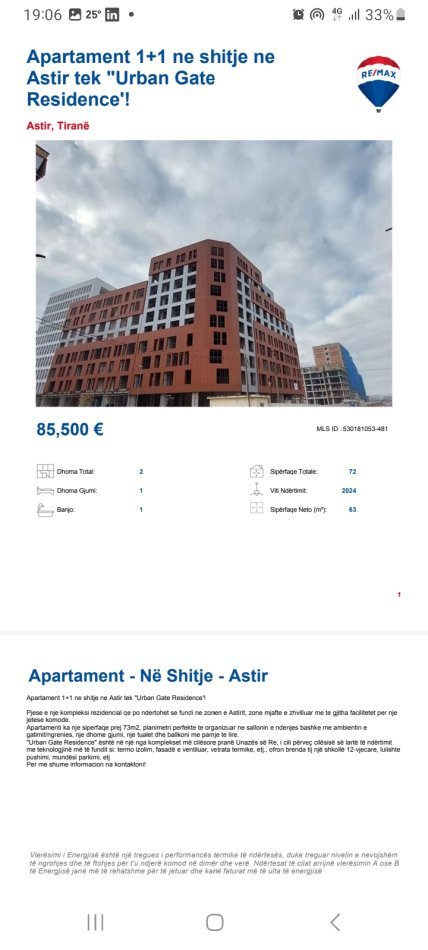 Tirane, shitet apartament 1+1+Ballkon, Kati 10, 63 m2 85,500 € (Astir Urban Gate)