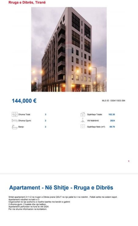 Tirane, shitet apartament 2+1, Kati 5, 102 m2 144,001 € (SPITALI AMERICAN TE QSUT)