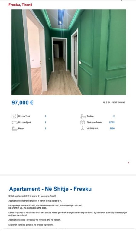 Tirane, shitet apartament 2+1+Ballkon, Kati 3, 97 m2 97,000 € (Te Dy Luanet ne Fresk)