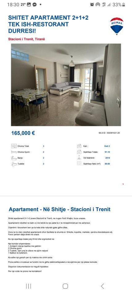 Tirane, shitet apartament 2+1, Kati 2, 95 m2 165,001 € (Te Restorant Durresi)