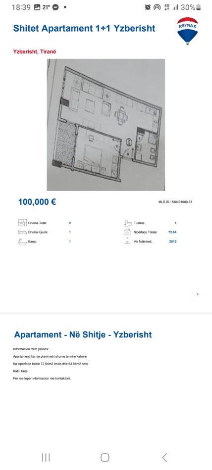 Tirane, shitet apartament 1+1, Kati 3, 78 m2 100,000 € (Yzberish)