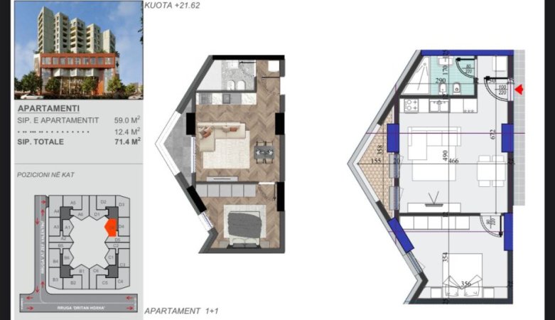 Tirane, shitet apartament 1+1, Kati 5, 71 m² 117,800 € 