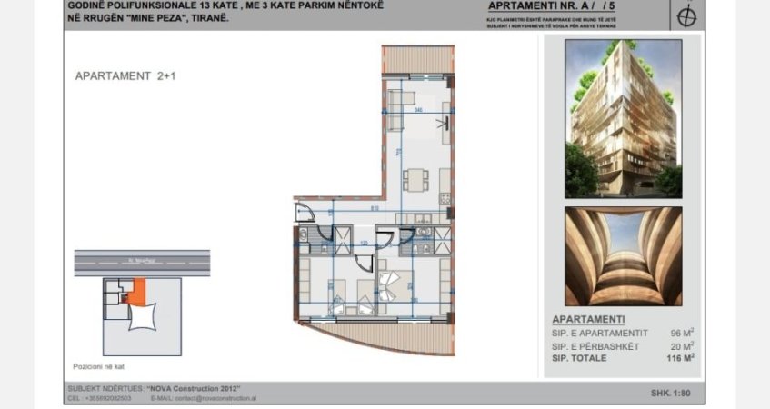 Tirane, shitet apartament 1+1, Kati 5, 116 m² 232,000 € (rruga Mine Peza)