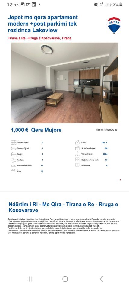 Tirane, jepet me qera apartament 2+1+Ballkon, Kati 5, 79 m² 1,000 € (Rruga e Kosovareve)