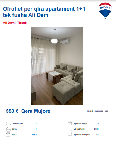 Tirane, jepet me qera apartament 1+1, Kati 3, 70 m² 550 € (TE FUSHA ALI DEMIT)