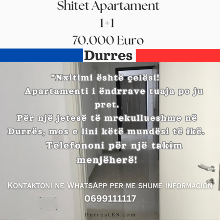Durres, shitet apartament 1+1+Ballkon, Kati 2, 59 m² 70,000 € (Pista Durres)