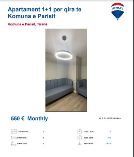 Tirane, jepet me qera apartament 1+1, Kati 3, 70 m² 550 € (KOMUNA E PARISIT)