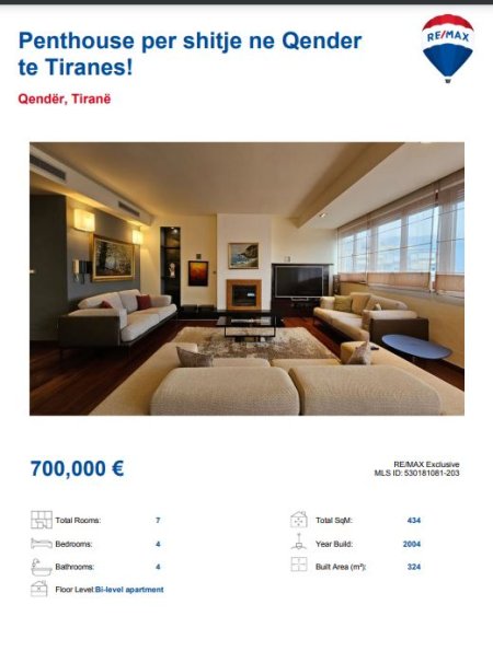 Tirane, shitet apartament+verande | Penthouse Dublex, Kati 9, 430 m² 700,000 € (TEK TOPTANI NE QENDER)