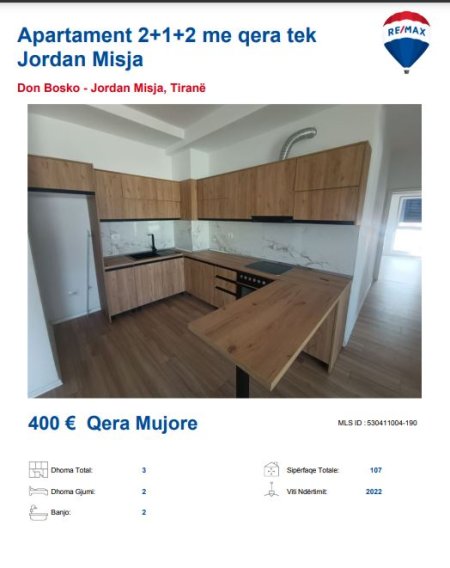 Tirane, jepet me qera apartament 2+1, Kati 5, 107 m² 400 € (DON BOSCO JORDAN MISJA)