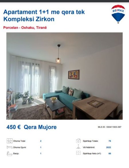 Tirane, jepet me qera apartament 1+1, Kati 4, 78 m² 450 € (KOMPLEKSI ZIRKON TE SPITALET)