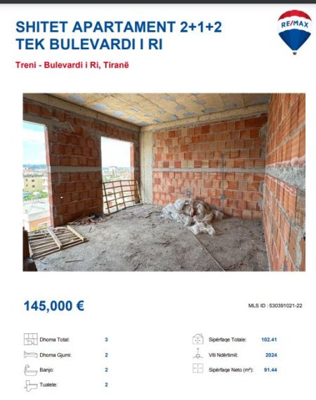 Tirane, shitet apartament 2+1, Kati 5, 105 m² 145,000 € (BLV I RI STACIONI TRENIT)