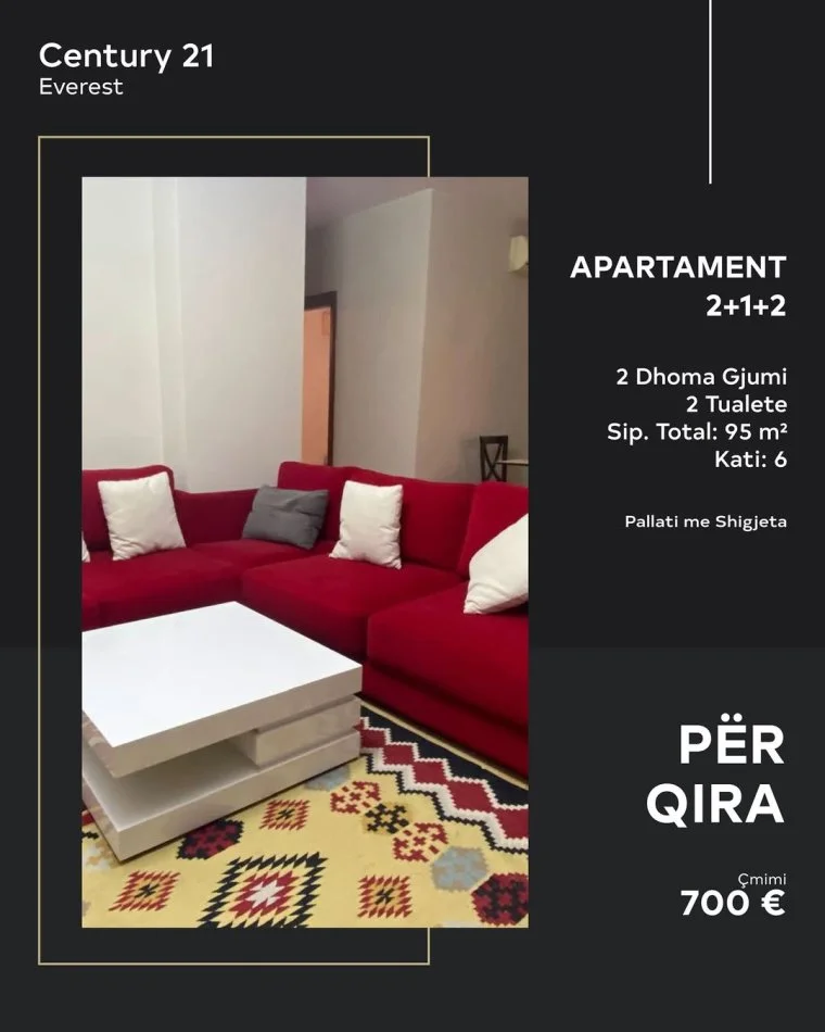 Tirane, jepet me qera apartament 2+1 Kati 6, 95 m² 700 €