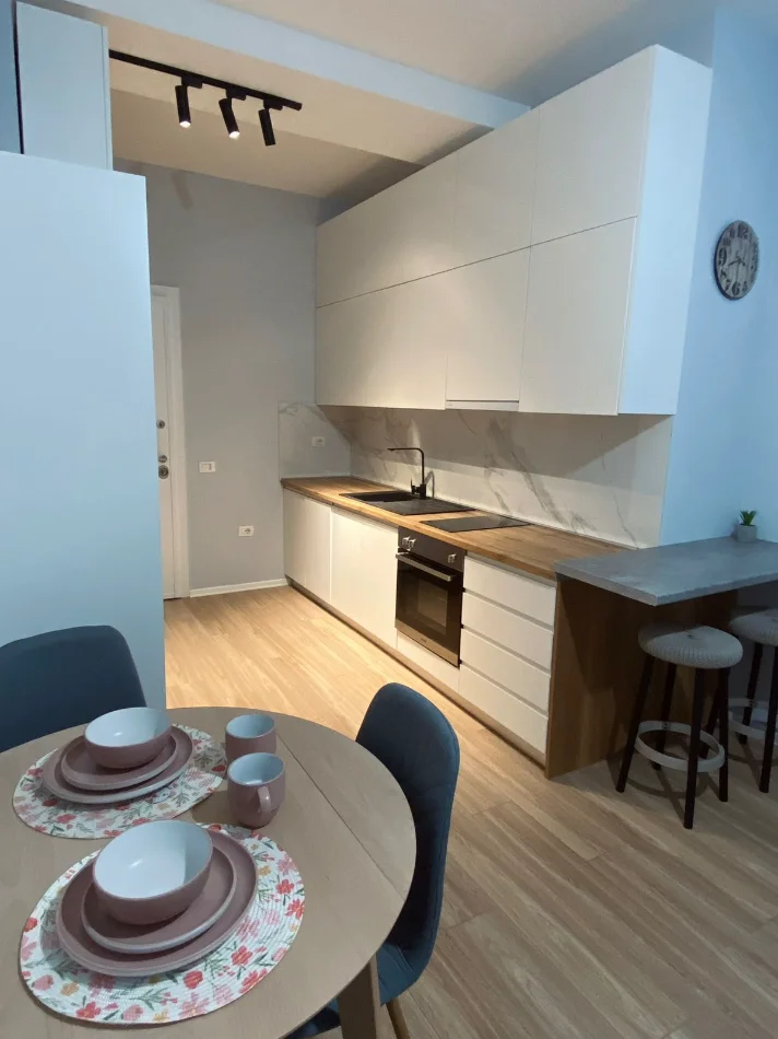 Tirane, jepet me qera apartament 1+1+Ballkon Kati 5, 60 m² 600 € (Artan Lenja,Kompleksi Kontakt,Inxhinieria e Ndertimit)