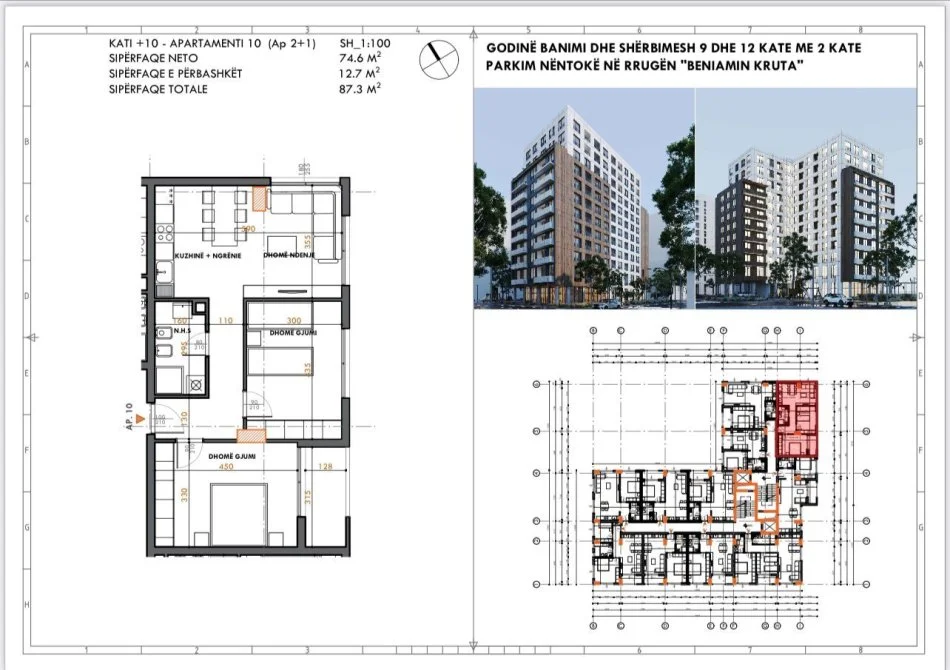 Tirane, shes apartament 2+1+Ballkon Kati 10, 110.000 € 