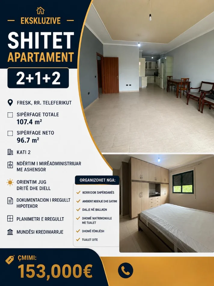 Tirane, shitet apartament 2+1+Aneks+Ballkon Kati 2, 108 m² 153.000 € (fresku)