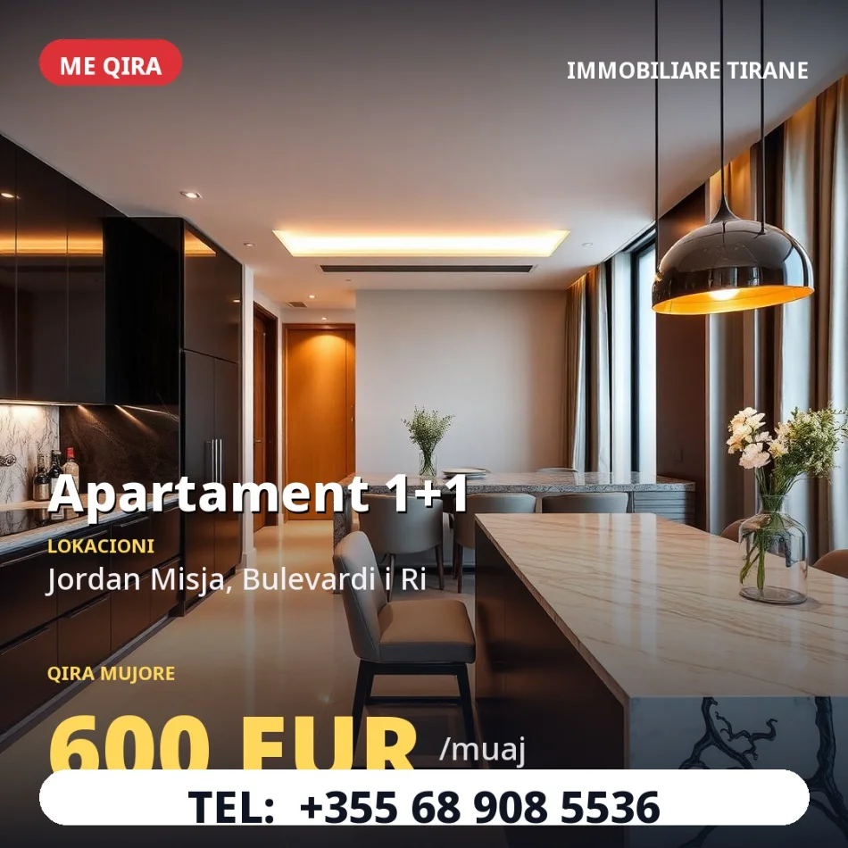 Tirane, jepet me qera apartament 1+1 Kati 5, 65 m² 600 € (Jordan Misja)