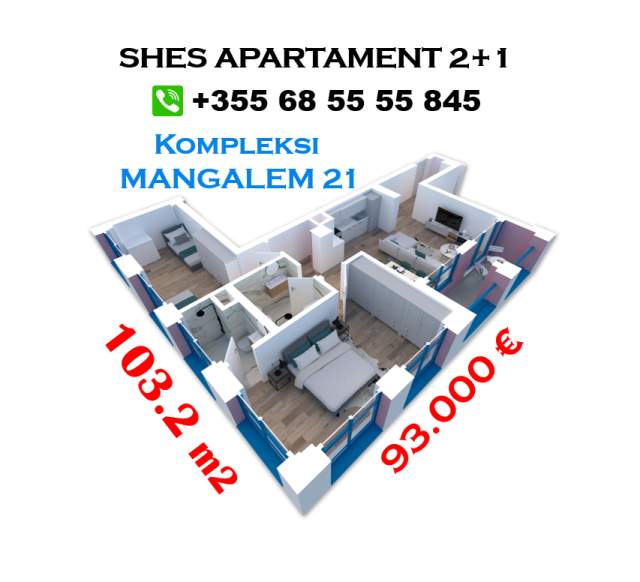 Tirane, shes apartament 2+1+BLK Kati 7, 104 m² 93.000 Euro (Ali Demi)