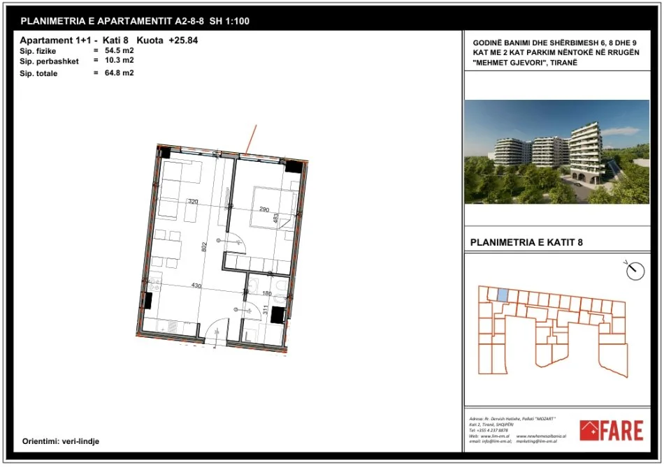 Tirane, shitet 1+1 Kati 8, 65 m² 72.000 € 