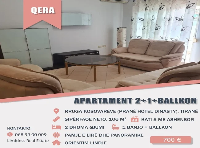 Tirane, jepet me qera Apartament 2+1+Ballkon, Kati 5 me Ashensor, 106 m² 700 € (Rruga Kosovareve, prane Hotel Dinasty)