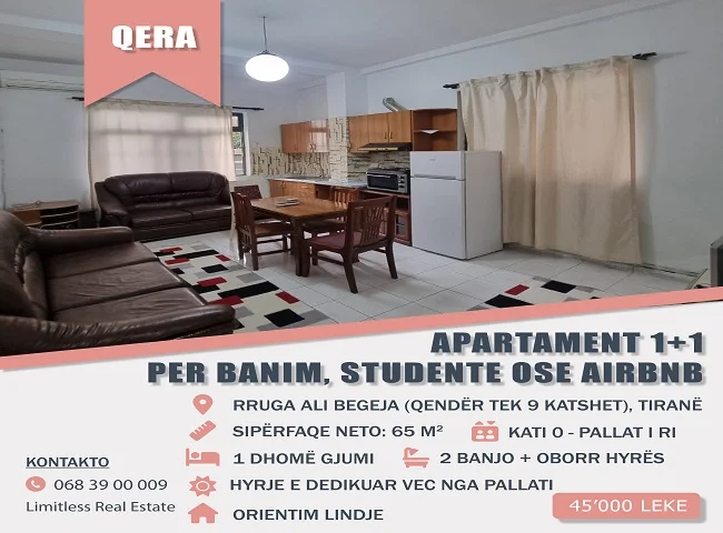 Tirane, jepet me qera Apartament 1+1, Kati 0 (hyrje e dedikuar) ne pallat me ashensor, 65 m²,  45.000 Leke (Rruga Ali Begeja, qender tek 9 Katshet)