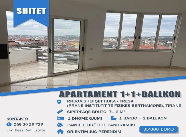 Tirane, shitet Apartament 1+1+Ballkon, Kati 4 Pallat i ri me Ashensor, 71.6 m², 85.000 € (Rruga Shefqet Kuka, Fresk)