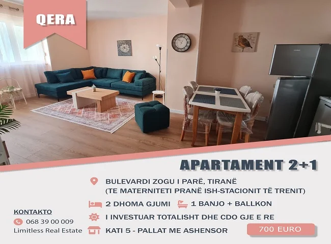Tirane, jepet me qera Apartament 2+1+Ballkon, Kati 5 me Ashensor, 95 m², 700 € (Bulevardi Zogu i Pare, prane FSHN)