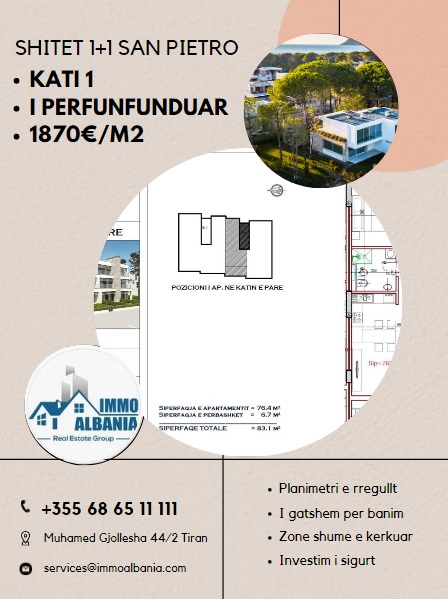 Gjiri Lalezit, shitet apartament 1+1+BLK Kati 1, 831 m² 1.870 Euro/m2 (San Pietro)