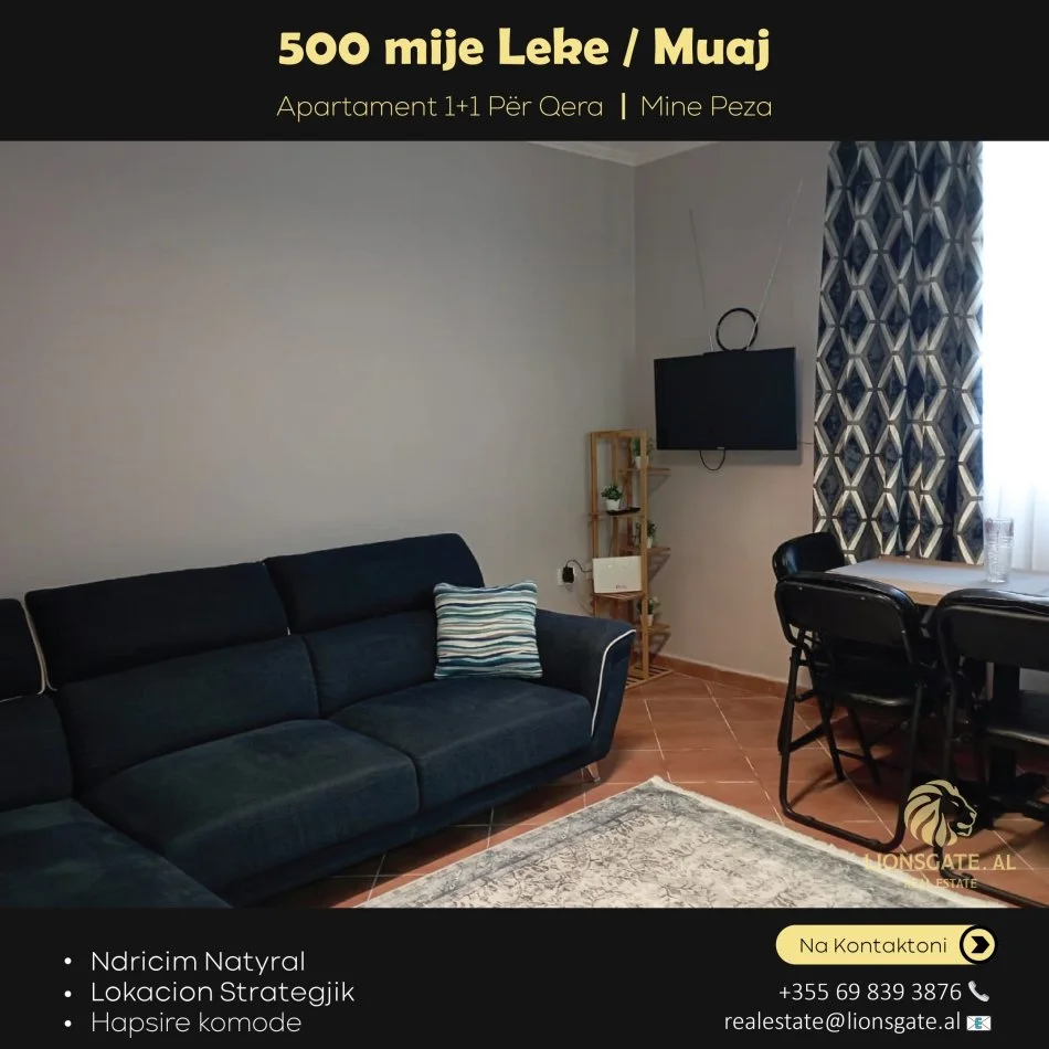 Tirane, jepet me qera apartament 1+1 , 60 m² 500 € (Mine Peza)