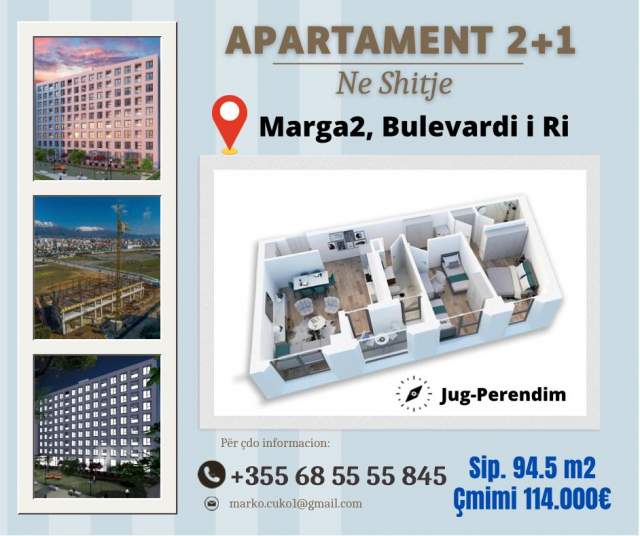 Tirane, shes apartament 2+1+A+BLK Kati 5, 93 m² 111.000 Euro (Bulevardi i RI)