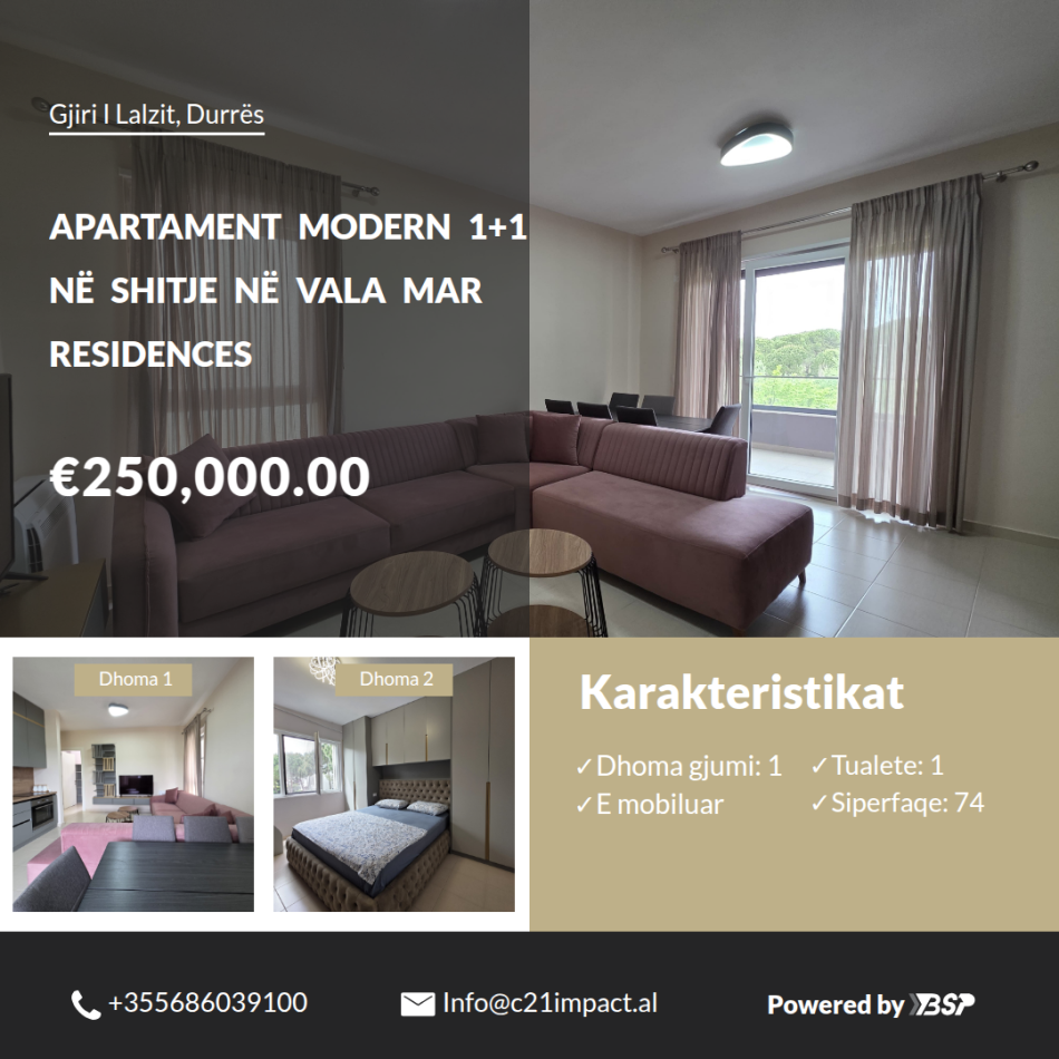 Durres, shes apartament 1+1+Ballkon Kati 1, 74 m² 250.000 € (Vala Mar Residences, Hamallaj)