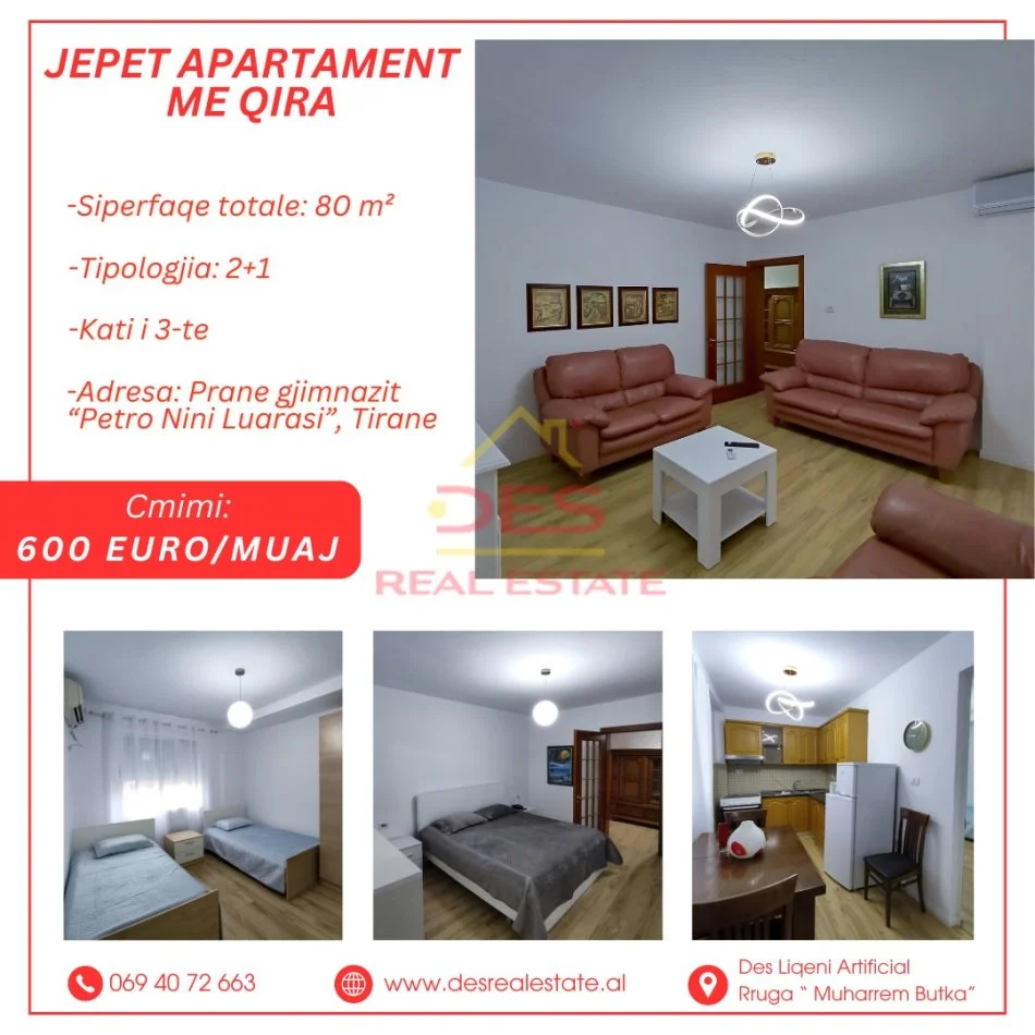 🏢JEPET ME QIRA APARTAMENT 2+1 , PRANE GJIMNAZIT “PETRO NINI LUARASI”, TIRANE