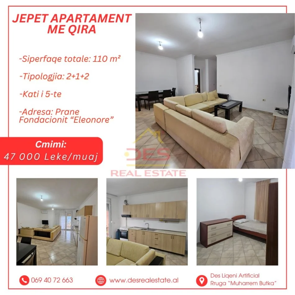 🏢JEPET ME QIRA APARTAMENT 2+1+2 , PRANE FONDACIONIT “ELEONORE”, TIRANE