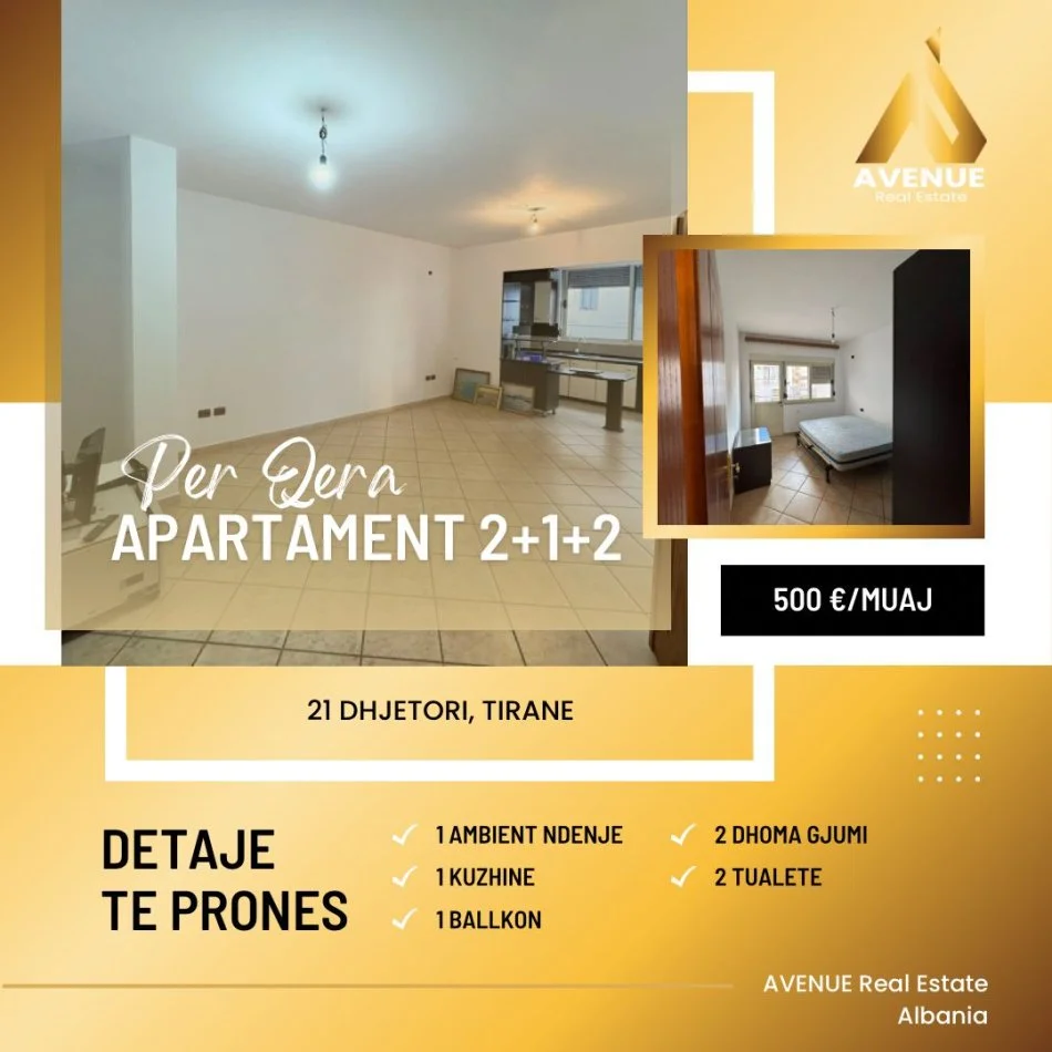 Tirane, jepet me qera apartament 2+1+Ballkon Kati 2, 90 m² 500 € (21 dhjetori)