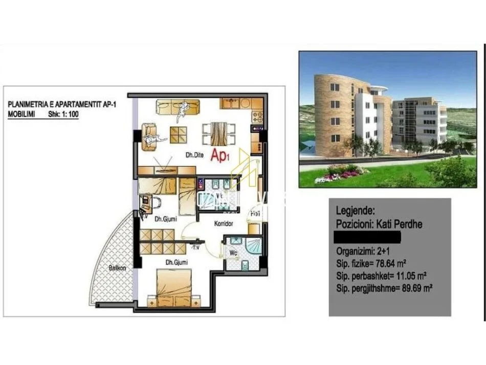 Tirane, shitet apartament 2+1+Ballkon Kati 0, 90 m² 98.659 € (Linzë, Fresk)