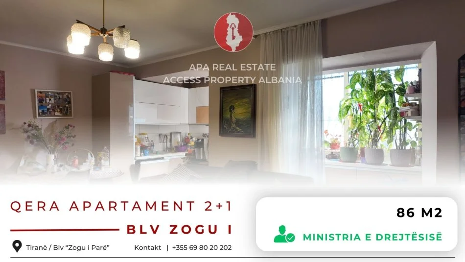 Tirane, jepet me qera apartament 2+1 Kati 0, 86 m² (Bulevardi “Zogu i Parë” pranë “Ministria e Drejtësisë”)